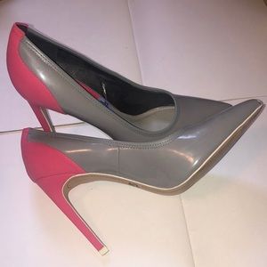 Gray and hot pink pair of heels